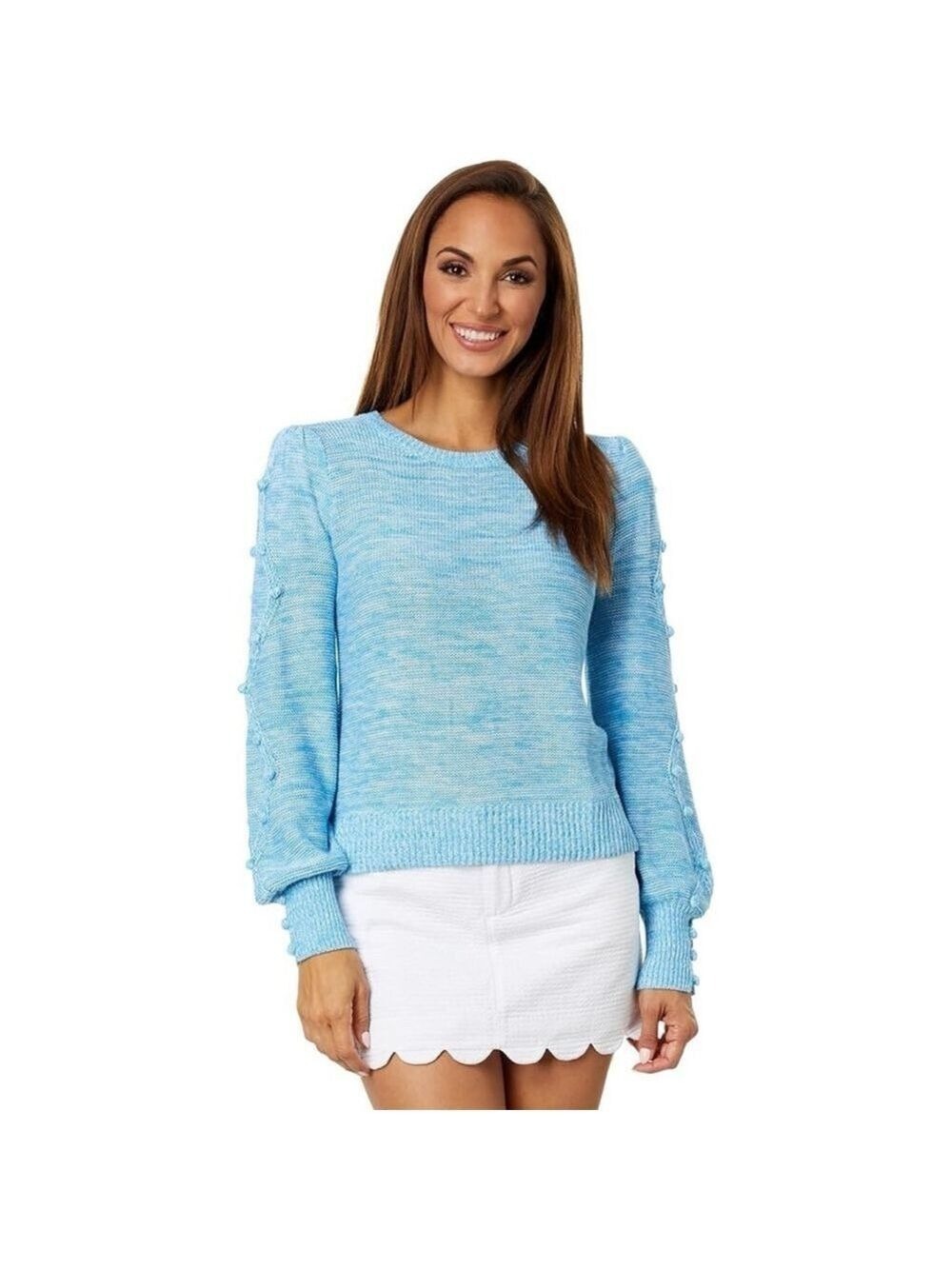 Lilly Pulitzer Attie Sweater Aqua Palma Marl Bauble Accented Puff Blouson Sleeve